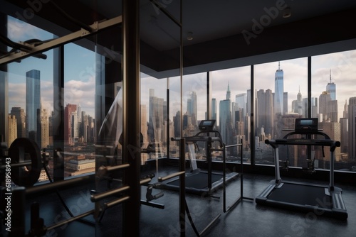 gym, with view of busy cityscape and skyscrapers in the background, created with generative ai