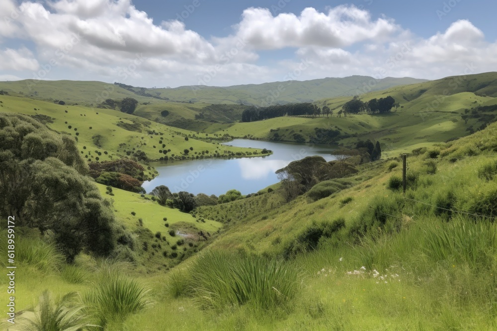 rolling hills with picturesque lake, surrounded by lush and verdant greenery, created with generative ai