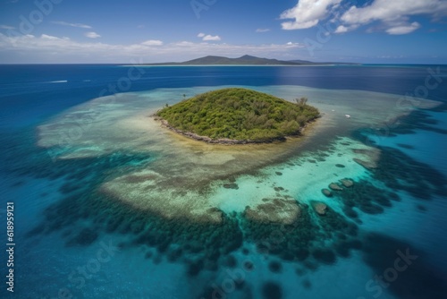 remote island with clear blue water, surrounded by coral reef, created with generative ai