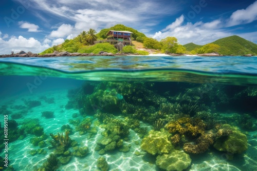 remote island with crystal-clear waters and colorful marine life, created with generative ai