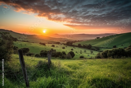 rolling countryside hills, with colorful sunrise and clouds in the background, created with generative ai