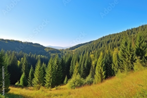 rolling hills with coniferous forest, the trees standing tall against a clear blue sky, created with generative ai
