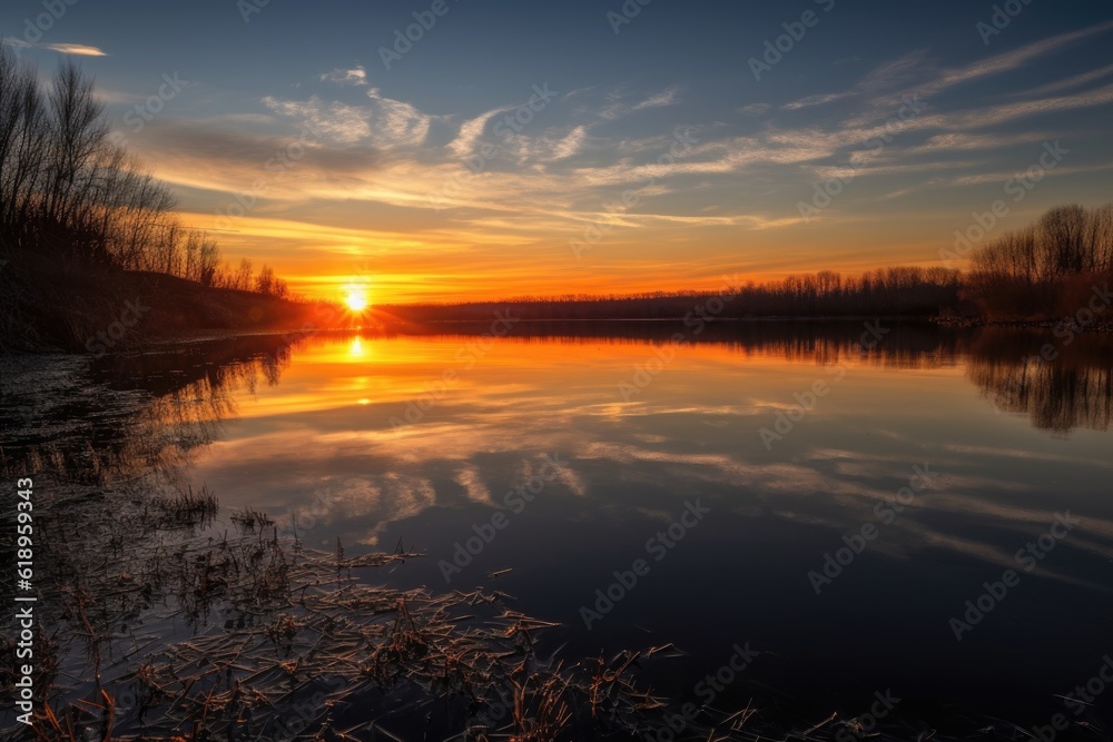 Obraz premium reflection of the sun rising over lake, with colors of dawn and sunrise, created with generative ai