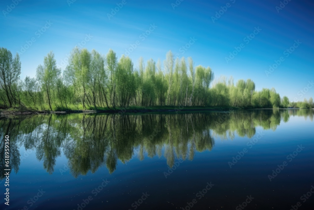 serene lake with reflections of trees and clear blue skies, created with generative ai serene lake with reflections of trees and clear blue skies, created with generative ai