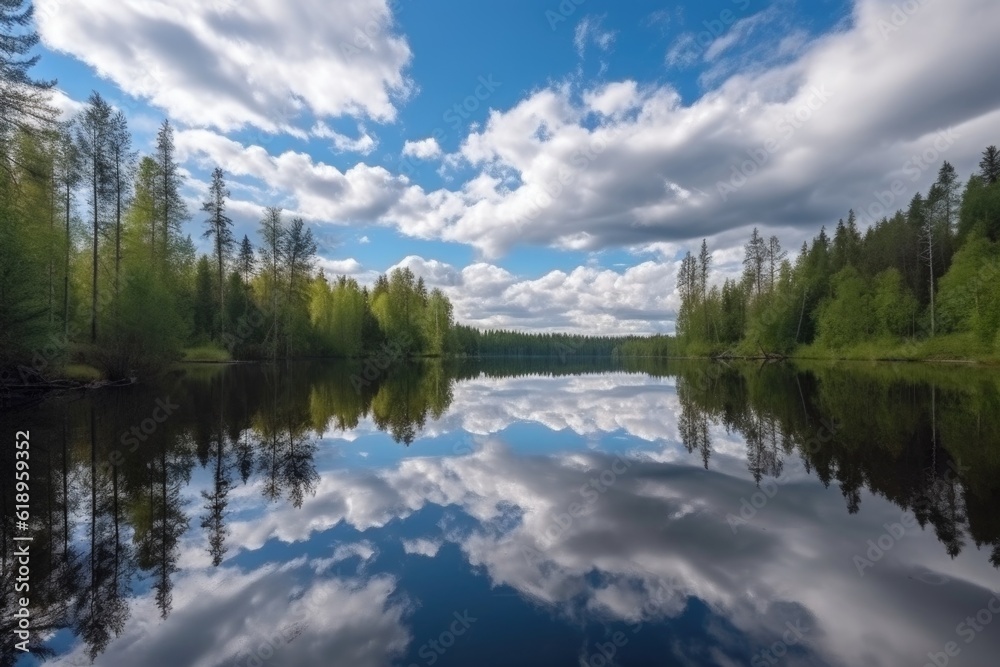 reflection of the sky and clouds on the still lake, surrounded by forest, created with generative ai