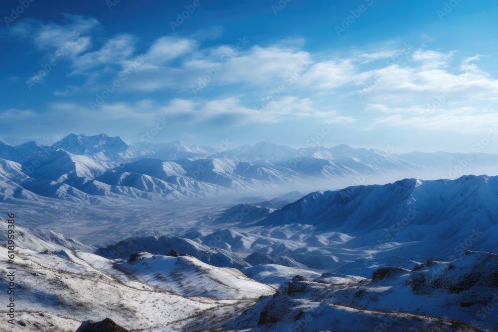 majestic snow-capped mountain range stretching to the horizon, with a view of an ethereal blue sky, created with generative ai