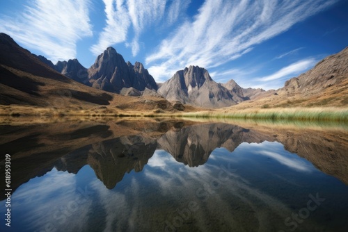 reflection of towering mountains and blue skies on serene lake, created with generative ai