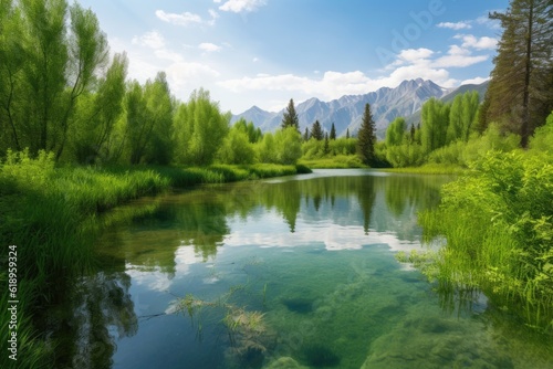 peaceful lake surrounded by lush greenery and towering mountains in the background, created with generative ai