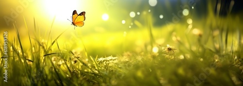 An illustration of a beautiful, colorful natural spring-summer background with grass and a fluttering butterfly on a bright sunny day. Soft focus and panoramic view. Created with Generative AI technol © mafizul_islam