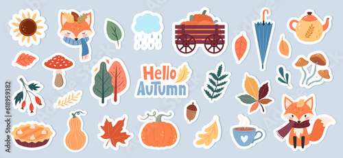 Cute autumn sticker set with fox, leaves, mushrooms, pumpkins and autumn elements. Cozy vector illustration