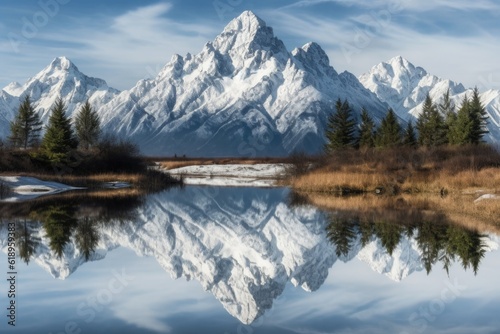 snow-capped mountain peaks reflected in still lake, created with generative ai