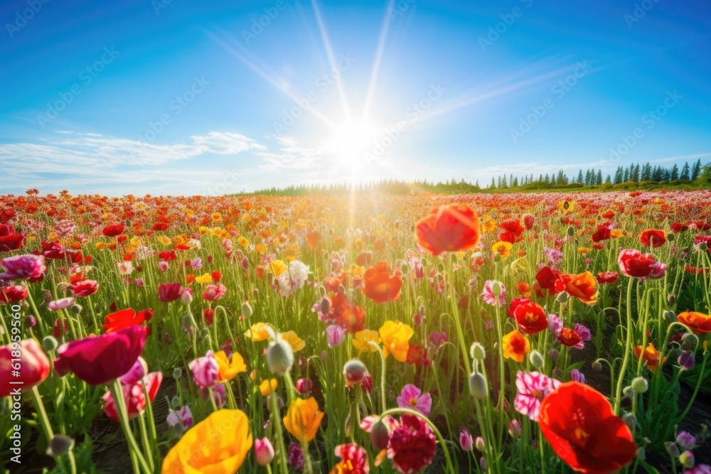 tulip field in full bloom, with rows of flowers and bright sunsh, created with generative ai