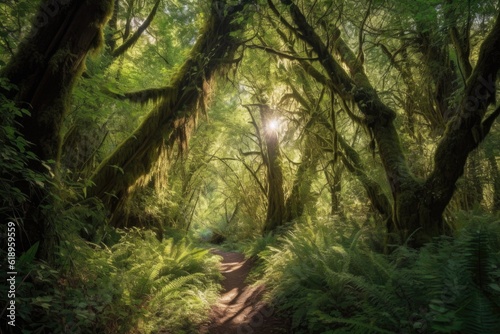 majestic tree canopy, with sunlight filtering through the leaves, among tranquil forest pathways, created with generative ai © Alfazet Chronicles