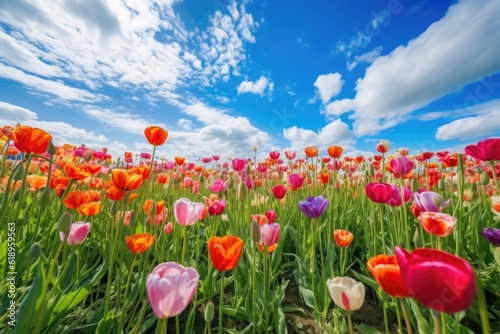 vibrant tulip field with blue sky and clouds in the background  created with generative ai