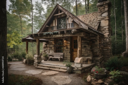 rustic cabin with stone exterior and porch swing, created with generative ai