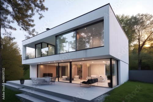 modern and minimalist house with clean lines and glass exterior features, created with generative ai