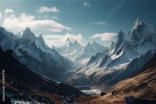 majestic mountain range with snowcapped peaks and glaciers visible  created with generative ai