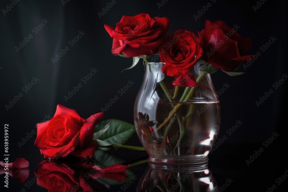 red roses in vase, with water and light refelction on the petals, created with generative ai red roses in vase, with water and light refelction on the petals, created with generative ai