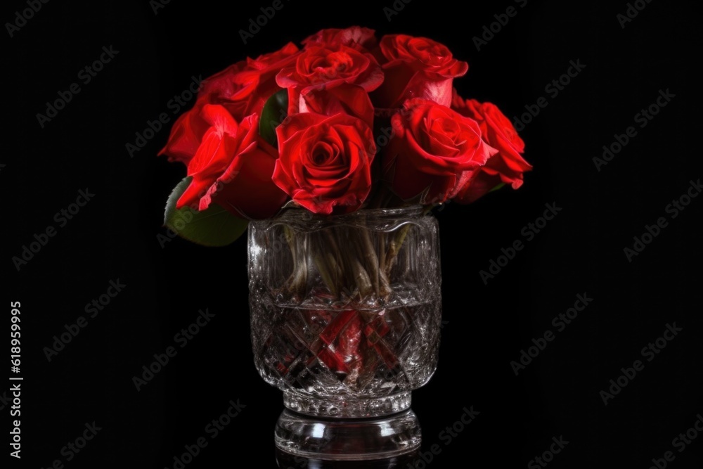 red rose bouquet in crystal vase on black background, created with generative ai red rose bouquet in crystal vase on black background, created with generative ai