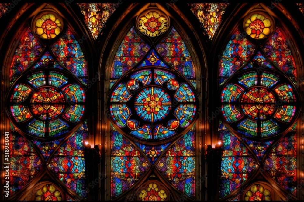 symmetrical stained glass window, with intricate patterns and colors, created with generative ai