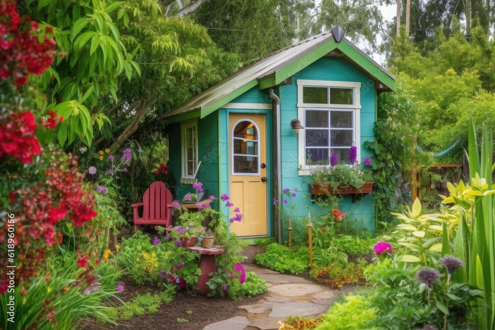 Obraz premium tiny house in lush, colorful garden setting, created with generative ai