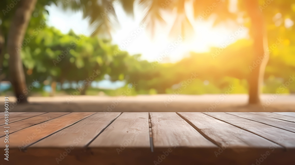 Empty wooden table on the nature background with rays of sunlight. for presentation product. 