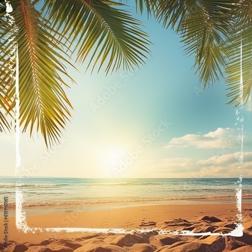 An illustration of a summer background with a frame, depicting a tropical golden beach with rays of sunlight and palm leaves. Created with Generative AI technology