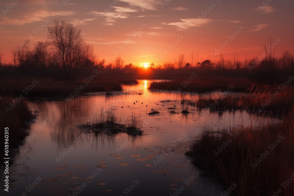 wetland at sunrise, with orange and pink hues illuminating the sky, created with generative ai