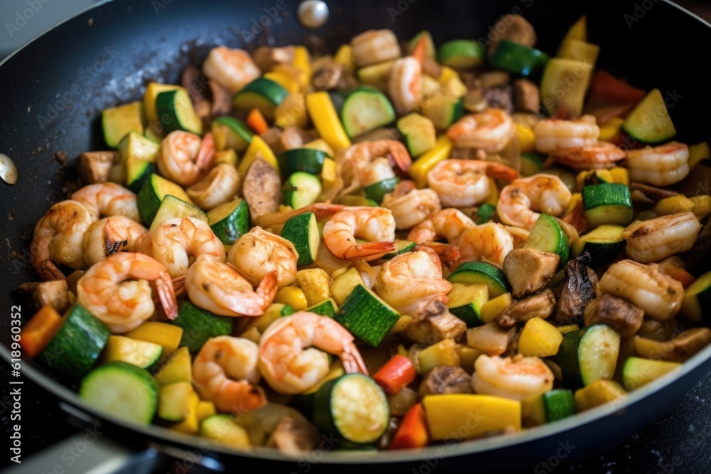 stir-fry skillet with zucchini, shrimp, and veggies, created with generative ai stir-fry skillet with zucchini, shrimp, and veggies, created with generative ai
