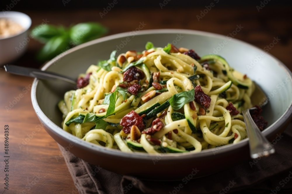 zucchini pasta with sun-dried tomatoes, basil and garlic, created with generative ai