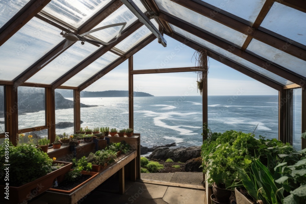 Fototapeta premium greenhouse with view of the ocean, waves rolling in, created with generative ai