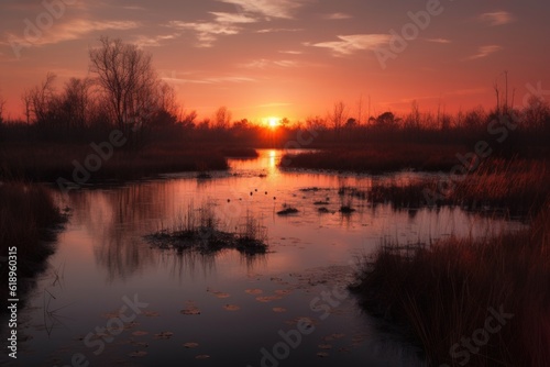 wetland at sunrise  with orange and pink hues illuminating the sky  created with generative ai