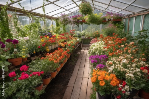 greenhouse filled with colorful and fragrant flowers  created with generative ai