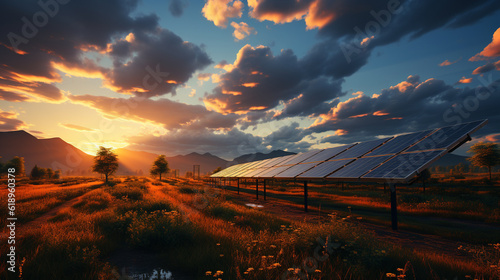 Solar panel with blue sky and sunset. concept clean energy, electric alternative, power in nature.