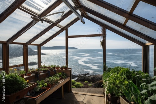 greenhouse with view of the ocean, waves rolling in, created with generative ai