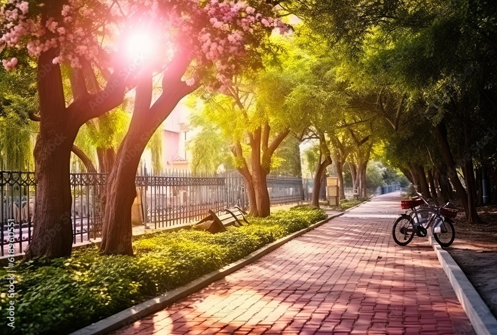 A bicycle stands gracefully amidst the shade of trees with dense foliage in a sun-drenched urban natural spring-summer park. Created with Generative AI technology