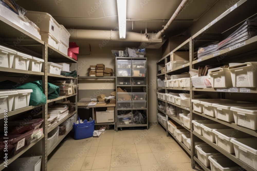 small storage room, with boxes and bins neatly labeled in alphabetical order, created with generative ai small storage room, with boxes and bins neatly labeled in alphabetical order, created with generative ai