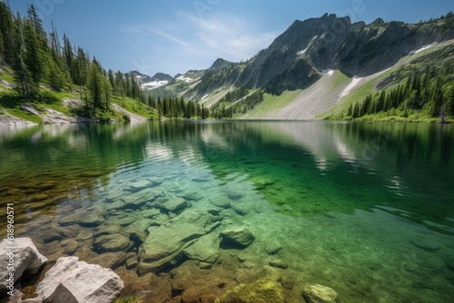 sparkling lake surrounded by towering mountains, created with generative ai