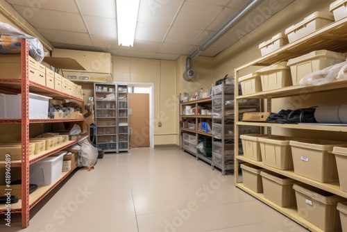 storage room, with neatly organized boxes, bins, and furniture, created with generative ai
