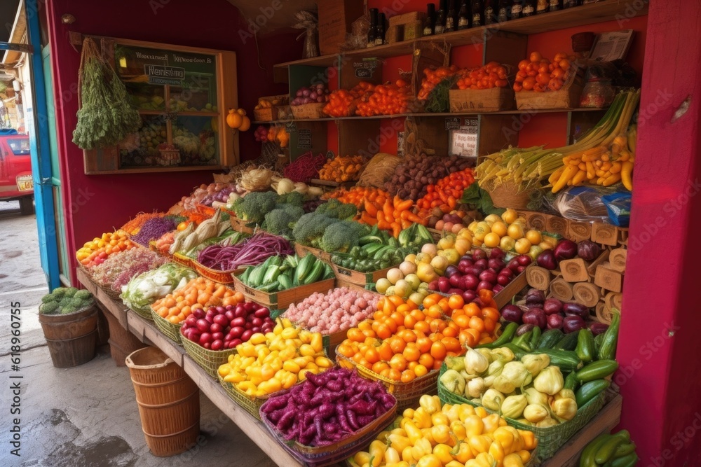colorful vegetable stand, with a variety of fruits and vegetables on display, created with generative ai