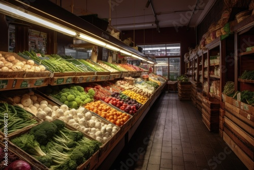 supermarket produce section, with vegetable stands offering variety of fresh and healthy options, created with generative ai