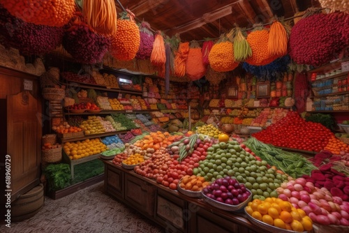 fresh vegetables and fruits displayed in beautifully arranged stands, created with generative ai