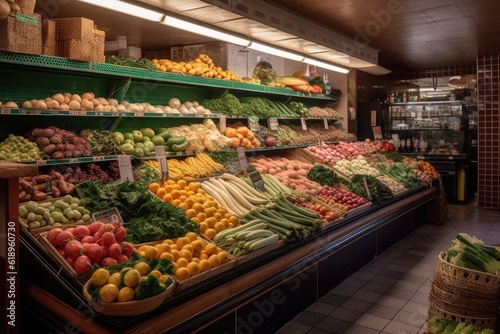 a grocery store with clean, vibrant produce stands and a variety of vegetables for customers to choose from, created with generative ai