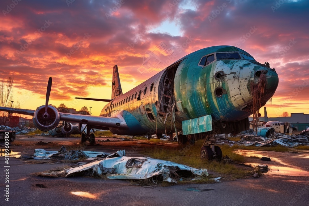 airplane graveyard at sunset with vibrant hues, created with generative ai