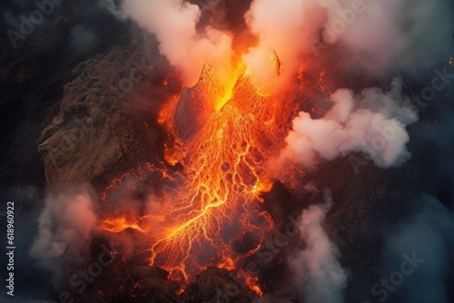 aerial view of volcano erupting with fiery lava flow  created with generative ai