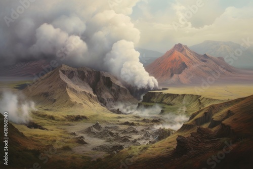 smoke and ash plumes rising from a volcanic crater, created with generative ai