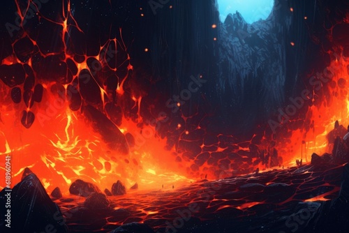 lava glowing at night in a volcanic eruption, created with generative ai