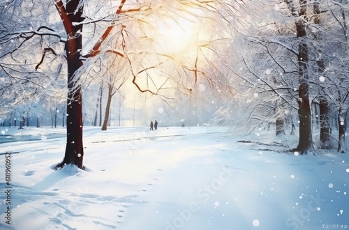 A breathtaking winter scene in a city park, with snow-covered trees and a frozen pond, on a bright winter day. Created with Generative AI technology © mafizul_islam