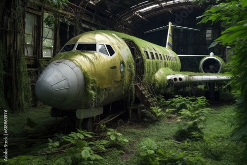 abandoned aircraft with nature taking over, created with generative ai