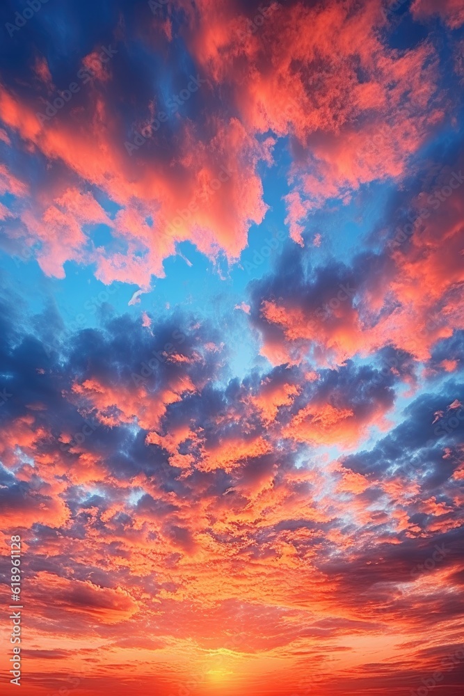 gradient sunset sky with fluffy clouds formation, created with generative ai